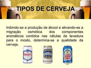 60
TIPOS DE CERVEJATIPOS DE CERVEJA
Inibindo-se a produção de álcool e ativando-se a
migração osmótica dos componentes
aromáticos contidos nas células de levedura
para o mosto, determina-se a qualidade da
cerveja.
 