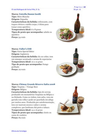 P á g i n a  | 10 
© José Rodrigues de Farias Filho, D. Sc.          05 jan. 11 
 
Marca: Estrella Damm Inedit
Tipo: Bière Blanche
Origem: Espanha
Características da bebida: refrescante, com
toques cítricos e médio corpo, é ótima para
tomar como aperitivo
Temperatura ideal: 6 a 8 graus
Tipos de prato que acompanha: salada ou
aperitivo
Preço: 54 reais




Marca: Fuller’s ESB
Tipo: Extra Special Bitter
Origem: Inglaterra
Características da bebida: de cor cobre, tem
um amargor acentuado e aroma de especiarias
Temperatura ideal: 10 a 12 graus
Tipo de prato que acompanha: frango
grelhado
Preço: 29 reais




Marca: Chimay Grande Réserve Safra 2008
Tipo: Trapista – Vintage Beer
Origem: Bélgica
Características da bebida: tipo de cerveja
produzido em monastérios Trapistas na Bélgica e
na Holanda. Como os vinhos, tem safra, vem em
garrafa com rolha e pode ser guardada em adega
por muitos anos. Produzida por autofermentação,
tem cor marrom-escura e sabor e aroma
complexos, que lembram chá preto e tabaco
Temperatura ideal: 14 a 16 graus
Tipos de prato que acompanha: risoto ou
carne de cordeiro
Preço: 89 reais




Oficina de Estratégia                        
 