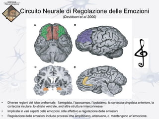 Circuito Neurale di Regolazione delle Emozioni
(Davidson et al 2000)
• Diverse regioni del lobo prefrontale, l’amigdala, l’ippocampo, l’ipotalamo, la corteccia cingolata anteriore, la
corteccia insulare, lo striato ventrale, and altre strutture interconnesse
• Implicate in vari aspetti delle emozioni, stile affettivo e regolazione delle emozioni
• Regolazione delle emozioni include processi che amplificano, attenuano, o mantengono un’emozione.
 