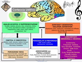 ANALISI ACUSTICA E RAPPRESENTAZIONE
Tonalità, melodia, armonia, ritmo, dinamiche, timbro,
voce, lirica, equivalenza di ottave, equivalenza in
trasposizione, scale, chiavi, modi, metrica,
arrangiamenti, “mix”
CINETICA E CINESTETICA
Battere i piedi, danzare, battere il tempo,
Performances strumentali e vocali,
Sincinesia, Sinestesia
PERCEZIONE VISIVA
Espressione facciale, Linguaggio del
Corpo, Espressione nella danza, Lettura
della musica, Sinestesia
PERSONALITÀ & PREFERENZA
Stile, Gusto, Cultura,
Generazione, Individualità
ASSOCIAZIONI con
POPOLI e EVENTI
Feste, Matrimoni, Funerali, Storie personal i,
(Lobo Temporale Mediale)
EXPETANCY GENERATION,
VIOLATION, SATISFATION
Ripetizione, ritrno, risoluzione, downbeats and offbeats,
cadenza, key change, appoggiatura,
tempo change
CONCOMITANTI
EMOZIONALI e VISCERALI
Eccitamento,
Frequenza cardiaca,
Tono vascolare, Endorfine,
Ormoni, “pelle d’oca”,
brividi, …..
(Lobo Temporale Mediale,
Cervello Limbico,
Tronco Encefalico,
Ipotalamo)
Corteccia Uditiva
 