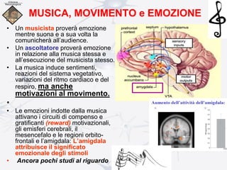 MUSICA, MOVIMENTO e EMOZIONE
• Un musicista proverà emozione
mentre suona e a sua volta la
comunicherà all’audience.
• Un ascoltatore proverà emozione
in relazione alla musica stessa e
all’esecuzione del musicista stesso.
• La musica induce sentimenti,
reazioni del sistema vegetativo,
variazioni del ritmo cardiaco e del
respiro, ma anche
motivazioni al movimento.
•
• Le emozioni indotte dalla musica
attivano i circuiti di compenso e
gratificanti (reward) motivazionali,
gli emisferi cerebrali, il
mesencefalo e le regioni orbito-
frontali e l’amigdala: L’amigdala
attribuisce il significato
emozionale degli stimoli
• Ancora pochi studi al riguardo
 