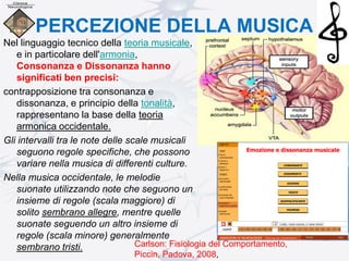 PERCEZIONE DELLA MUSICA
Nel linguaggio tecnico della teoria musicale,
e in particolare dell'armonia,
Consonanza e Dissonanza hanno
significati ben precisi:
contrapposizione tra consonanza e
dissonanza, e principio della tonalità,
rappresentano la base della teoria
armonica occidentale.
Gli intervalli tra le note delle scale musicali
seguono regole specifiche, che possono
variare nella musica di differenti culture.
Nella musica occidentale, le melodie
suonate utilizzando note che seguono un
insieme di regole (scala maggiore) di
solito sembrano allegre, mentre quelle
suonate seguendo un altro insieme di
regole (scala minore) generalmente
sembrano tristi. Carlson: Fisiologia del Comportamento,
Piccin, Padova, 2008,
 