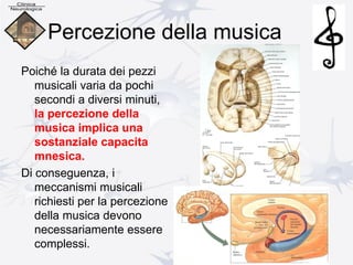 Percezione della musica
Poiché la durata dei pezzi
musicali varia da pochi
secondi a diversi minuti,
la percezione della
musica implica una
sostanziale capacita
mnesica.
Di conseguenza, i
meccanismi musicali
richiesti per la percezione
della musica devono
necessariamente essere
complessi.
 