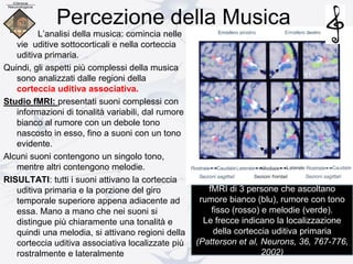 Percezione della Musica
L’analisi della musica: comincia nelle
vie uditive sottocorticali e nella corteccia
uditiva primaria.
Quindi, gli aspetti più complessi della musica
sono analizzati dalle regioni della
corteccia uditiva associativa.
Studio fMRI: presentati suoni complessi con
informazioni di tonalità variabili, dal rumore
bianco al rumore con un debole tono
nascosto in esso, fino a suoni con un tono
evidente.
Alcuni suoni contengono un singolo tono,
mentre altri contengono melodie.
RISULTATI: tutti i suoni attivano la corteccia
uditiva primaria e la porzione del giro
temporale superiore appena adiacente ad
essa. Mano a mano che nei suoni si
distingue più chiaramente una tonalità e
quindi una melodia, si attivano regioni della
corteccia uditiva associativa localizzate più
rostralmente e lateralmente
fMRI di 3 persone che ascoltano
rumore bianco (blu), rumore con tono
fisso (rosso) e melodie (verde).
Le frecce indicano la localizzazione
della corteccia uditiva primaria
(Patterson et al, Neurons, 36, 767-776,
2002)
 