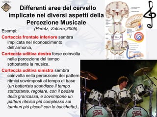 Differenti aree del cervello
implicate nei diversi aspetti della
Percezione Musicale
(Peretz,-Zatorre,2005).
Esempi:
Corteccia frontale inferiore sembra
implicata nel riconoscimento
dell’armonia,
Corteccia uditiva destra forse coinvolta
nella percezione del tempo
sottostante la musica,
Corteccia uditiva sinistra sembra
coinvolta nella percezione dei pattern
ritmici sovrimposti al tempo di base
(un batterista scandisce il tempo
sottostante, regolare, con il pedale
della grancassa, e sovrimpone un
pattern ritmico più complesso sui
tamburi più piccoli con le bacchette)..
 