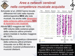 Aree e network cerebrali
nella competenza musicale acquisita
Schneider et al. (2002) hanno trovato
differenze non solo nella risposta
elettromagnetica MEG alle note
musicali, ma anche nelle dimensioni
della corteccia uditiva primaria fMRI
di musicisti e non musicisti.
Attività MEG maggiore del 102%,
MRI volume della sostanza grigia
della corteccia uditiva primaria
antero-mediale è risultato maggiore
del 130%.
Risposta elettromagnetica e dimensioni
della corteccia uditiva primaria
(misurate con la RM) dei non
musicisti, musicisti professionisti e
musicisti dilettanti.
Dimensioni aumentate della corteccia
uditiva primaria e ampiezza della sua
risposta MEG ai toni musicali, in musicisti
professionisti e musicisti dilettanti (Schneider
et al, Nature Neuroscience, 5, 688-694, 2002)
 