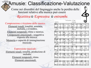 Amusie: Classificazione-Valutazione
Comprensione e ricezione della musica :
Elementi tonali: tonalità, armonia,
melodia, e il timbro.
Elementi temporali: ritmo e metrica.
Componenti emozionali : soggettiva
risposta alla musica.
Memoria e capacità di immaginazione
musicale.
Espressione musicale :
Elementi tonali: tonalità, produzione di
melodie.
Elementi temporali: ritmo.
Elementi emozionali.
Come nei disordini del linguaggio anche la perdita delle
funzioni relative alla musica può essere
Recettiva o Espressiva o entrambe.
 