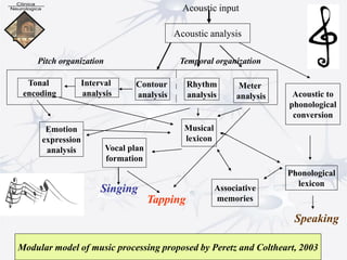 Acoustic analysis
Acoustic input
Tonal
encoding
Interval
analysis
Contour
analysis
Rhythm
analysis
Meter
analysis Acoustic to
phonological
conversion
Temporal organization
Emotion
expression
analysis Vocal plan
formation
Musical
lexicon
Phonological
lexicon
Associative
memories
Singing
Tapping
Speaking
Pitch organization
Modular model of music processing proposed by Peretz and Coltheart, 2003
 