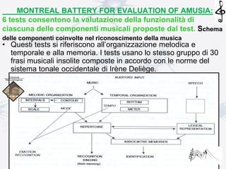 MONTREAL BATTERY FOR EVALUATION OF AMUSIA:
6 tests consentono la valutazione della funzionalità di
ciascuna delle componenti musicali proposte dal test. Schema
delle componenti coinvolte nel riconoscimento della musica
• Questi tests si riferiscono all’organizzazione melodica e
temporale e alla memoria. I tests usano lo stesso gruppo di 30
frasi musicali insolite composte in accordo con le norme del
sistema tonale occidentale di Irène Deliège.
 