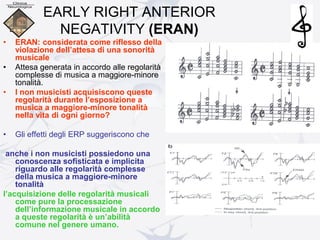 EARLY RIGHT ANTERIOR
NEGATIVITY (ERAN)
• ERAN: considerata come riflesso della
violazione dell’attesa di una sonorità
musicale
• Attesa generata in accordo alle regolarità
complesse di musica a maggiore-minore
tonalità.
• I non musicisti acquisiscono queste
regolarità durante l’esposizione a
musica a maggiore-minore tonalità
nella vita di ogni giorno?
• Gli effetti degli ERP suggeriscono che
anche i non musicisti possiedono una
conoscenza sofisticata e implicita
riguardo alle regolarità complesse
della musica a maggiore-minore
tonalità
l’acquisizione delle regolarità musicali
come pure la processazione
dell’informazione musicale in accordo
a queste regolarità è un’abilità
comune nel genere umano.
 