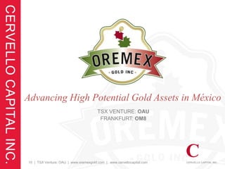 Advancing High Potential Gold Assets in México
                                       TSX VENTURE: OAU
                                        FRANKFURT: OM8




10 | TSX Venture: OAU | www.oremexgold.com | www.cervellocapital.com
 