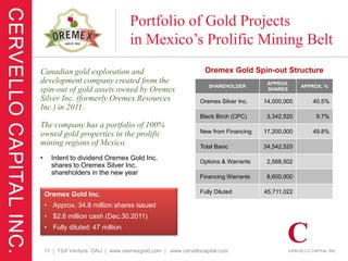 Portfolio of Gold Projects
                                   in Mexico’s Prolific Mining Belt
Canadian gold exploration and                                  Oremex Gold Spin-out Structure
development company created from the                                               APPROX.
                                                                SHAREHOLDER                    APPROX. %
spin-out of gold assets owned by Oremex                                            SHARES

Silver Inc. (formerly Oremex Resources                       Oremex Silver Inc.   14,000,000      40.5%
Inc.) in 2011.
                                                             Black Birch (CPC)     3,342,520        9.7%
The company has a portfolio of 100%
owned gold properties in the prolific                        New from Financing   17,200,000      49.8%

mining regions of Mexico.                                    Total Basic          34,542,520

•     Intent to dividend Oremex Gold Inc.
                                                             Options & Warrants    2,568,502
      shares to Oremex Silver Inc.
      shareholders in the new year
                                                             Financing Warrants    8,600,000


    Oremex Gold Inc.                                         Fully Diluted        45,711,022

    • Approx. 34.8 million shares issued
    • $2.6 million cash (Dec.30.2011)
    • Fully diluted: 47 million


    11 | TSX Venture: OAU | www.oremexgold.com | www.cervellocapital.com
 