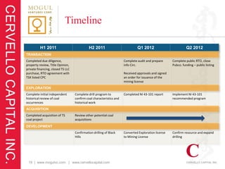 Timeline

          H1 2011                            H2 2011                           Q1 2012                          Q2 2012
TRANSACTION
Completed due diligence,                                              Complete audit and prepare      Complete public RTO, close
property review, Title Opinion,                                       info Circ.                      Pubco. funding – public listing
private financing, closed TS LLC
purchase, RTO agreement with                                          Received approvals and signed
TSX listed CPC                                                        an order for issuance of the
                                                                      mining license
EXPLORATION
Complete initial independent       Complete drill program to          Completed NI 43-101 report      Implement NI 43-101
historical review of coal          confirm coal characteristics and                                   recommended program
occurrences                        historical work
ACQUISITION
Completed acquisition of TS        Review other potential coal
coal project                       acquisitions
DEVELOPMENT
                                   Confirmation drilling of Black     Converted Exploration license   Confirm resource and expand
                                   Hills                              to Mining License               drilling




 19 | www.mogulvc.com | www.cervellocapital.com
 