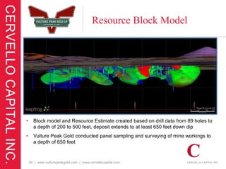 Resource Block Model




•     Block model and Resource Estimate created based on drill data from 89 holes to
      a depth of 200 to 500 feet, deposit extends to at least 650 feet down dip
•     Vulture Peak Gold conducted panel sampling and surveying of mine workings to
      a depth of 650 feet


    34 | www.vulturepeakgold.com | www.cervellocapital.com
 