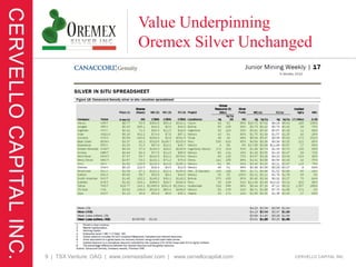 Value Underpinning
                                  Oremex Silver Unchanged




9 | TSX Venture: OAG | www.oremexsilver.com | www.cervellocapital.com
 