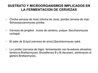 SUSTRATO Y MICROORGANISMOS IMPLICADOS EN
LA FERMENTACION DE CERVEZAS
- Chicha cerveza de maíz (chicha de Jora), pombe cerveza de mijo:
Schizosaccaromyces pombe.
- Cerveza de jengibre , kvass de centeno, pulque: Saccharomyces
carbajali.
- El sake de S.kyot (cerveza de arroz):Saccharomyces saké.
- La Lambic (cerveza de trigo) fermentación con levaduras silvestres:
lambicus Brettaomyces, Bruxellensis B y B.clausseni, pertenecen al
género Brettaomyces.
 
