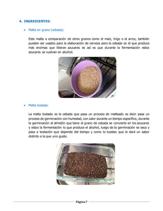 Página7
4. INGREDIENTES:
 Malta en grano (cebada):
Esta malta a comparación de otros granos como el maíz, trigo o el arroz, también
pueden ser usados para la elaboración de cerveza pero la cebada es el que produce
más enzimas que liberan azucares es así es que durante la fermentación estos
azucares se vuelvan en alcohol.
 Malta tostada:
La malta tostada es la cebada que pasa un proceso de malteado es decir pasa un
proceso de germinación con humedad, con calor durante un tiempo específico, durante
la germinación el almidón que tiene el grano de cebada se convierte en los azucares
y estos la fermentación lo que produce el alcohol, luego de la germinación se seca y
pasa a tostación que depende del tiempo y como lo tuestes que le dará un sabor
distinto a la que uno guste.
 