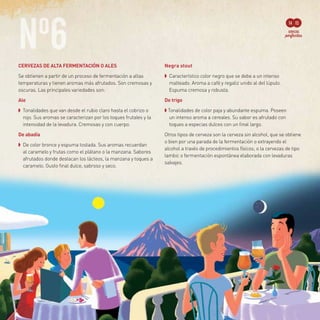 Nº6
14 15
CERVEZAS DE ALTA FERMENTACIÓN O ALES
Se obtienen a partir de un proceso de fermentación a altas
temperaturas y tienen aromas más afrutados. Son cremosas y
oscuras. Las principales variedades son:
Ale
➧	 Tonalidades que van desde el rubio claro hasta el cobrizo o
rojo. Sus aromas se caracterizan por los toques frutales y la
intensidad de la levadura. Cremosas y con cuerpo.
De abadía
➧	 De color bronce y espuma tostada. Sus aromas recuerdan
al caramelo y frutas como el plátano o la manzana. Sabores
afrutados donde destacan los lácteos, la manzana y toques a
caramelo. Gusto final dulce, sabroso y seco.
Negra stout
➧	 Característico color negro que se debe a un intenso
malteado. Aroma a café y regaliz unido al del lúpulo.
Espuma cremosa y robusta.
De trigo
➧ Tonalidades de color paja y abundante espuma. Poseen
un intenso aroma a cereales. Su sabor es afrutado con
toques a especias dulces con un final largo.
Otros tipos de cerveza son la cerveza sin alcohol, que se obtiene
o bien por una parada de la fermentación o extrayendo el
alcohol a través de procedimientos físicos; o la cervezas de tipo
lambic o fermentación espontánea elaborada con levaduras
salvajes.
 