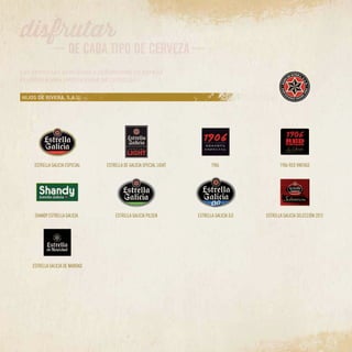 HIJOS DE RIVERA, S.A.U.
ESTRELLA GALICIA ESPECIAL ESTRELLA DE GALICIA SPECIAL LIGHT 1906 1906 RED VINTAGE
SHANDY ESTRELLA GALICIA ESTRELLA GALICIA PILSEN ESTRELLA GALICIA 0,0 ESTRELLA GALICIA SELECCIÓN 2012
ESTRELLA GALICIA DE NAVIDAD
LAS EMPRESAS ASOCIADAS A CERVECEROS DE ESPAÑA
ELABORAN UNA AMPLIA GAMA DE CERVEZAS
 