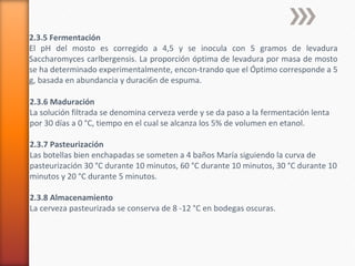 2.3.5 Fermentación
El pH del mosto es corregido a 4,5 y se inocula con 5 gramos de levadura
Saccharomyces carlbergensis. La proporción óptima de levadura por masa de mosto
se ha determinado experimentalmente, encon­trando que el Óptimo corresponde a 5
g, basada en abundancia y duraci6n de espuma.
2.3.6 Maduración
La solución filtrada se denomina cerveza verde y se da paso a la fermentación lenta
por 30 días a 0 °C, tiempo en el cual se alcanza los 5% de volumen en etanol.
2.3.7 Pasteurización
Las botellas bien enchapadas se someten a 4 baños María siguiendo la curva de
pasteurización 30 °C durante 10 minutos, 60 °C durante 10 minutos, 30 °C durante 10
minutos y 20 °C durante 5 minutos.
2.3.8 Almacenamiento
La cerveza pasteurizada se conserva de 8 ­12 °C en bodegas oscuras.
 