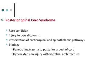  Posterior Spinal Cord Syndrome
 Rare condition
 Injury to dorsal column
 Preservation of corticospinal and spinothalamic pathways
 Etiology
Penetrating trauma to posterior aspect of cord
Hyperextension injury with vertebral arch fracture
 