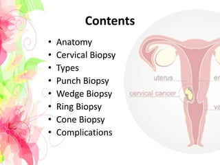 Contents
• Anatomy
• Cervical Biopsy
• Types
• Punch Biopsy
• Wedge Biopsy
• Ring Biopsy
• Cone Biopsy
• Complications
 
