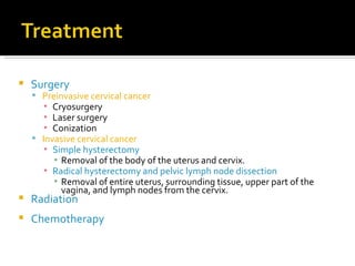 Surgery Preinvasive cervical cancer Cryosurgery Laser surgery Conization Invasive cervical cancer Simple hysterectomy Removal of the body of the uterus and cervix. Radical hysterectomy and pelvic lymph node dissection Removal of entire uterus, surrounding tissue, upper part of the vagina, and lymph nodes from the cervix. Radiation Chemotherapy 