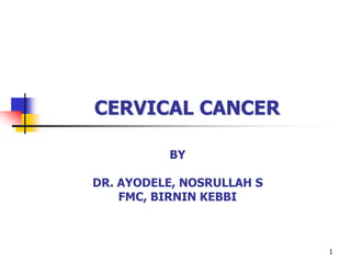 1
CERVICAL CANCER
BY
DR. AYODELE, NOSRULLAH S
FMC, BIRNIN KEBBI
 