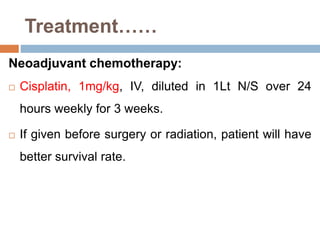 Treatment……
Neoadjuvant chemotherapy:
 Cisplatin, 1mg/kg, IV, diluted in 1Lt N/S over 24
hours weekly for 3 weeks.
 If given before surgery or radiation, patient will have
better survival rate.
 