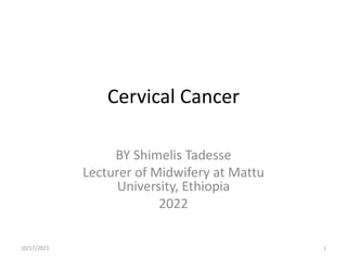 Cervical Cancer
BY Shimelis Tadesse
Lecturer of Midwifery at Mattu
University, Ethiopia
2022
10/17/2023 1
 