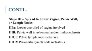 CONTI..
Stage III – Spread to Lower Vagina, Pelvic Wall,
or Lymph Nodes
IIIA: Lower one-third of vagina involved
IIIB: Pelvic wall involvement and/or hydronephrosis
IIIC1: Pelvic lymph node metastasis
IIIC2: Para-aortic lymph node metastasis
 