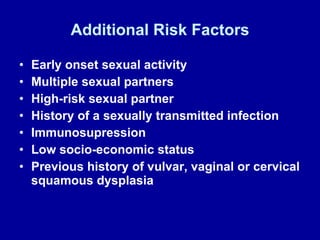 Additional Risk Factors Early onset sexual activity Multiple sexual partners High-risk sexual partner History of a sexually transmitted infection Immunosupression Low socio-economic status Previous history of vulvar, vaginal or cervical squamous dysplasia 