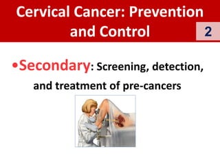 Cervical Cancer: Prevention
and Control
•Secondary: Screening, detection,
and treatment of pre-cancers
2
 