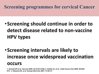 •Screening should continue in order to
detect disease related to non-vaccine
HPV types
•Screening intervals are likely to
increase once widespread vaccination
occurs
1. Garnett GP et al. Vaccine 2006; 24:S178–S186; 2. Goldie SJ, et al. J Natl Cancer Inst 2004; 96:604–
615; 3. Elbasha EH, et al. Emerg Infect Dis 2007; 13:28–41
Screening programmes for cervical Cancer
 