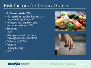Risk factors for Cervical Cancer
• Infection with HPV
• Not getting regular Pap tests –
begin testing at age 21
• Illnesses that weaken your
immune system (HIV)
• Smoking
• Diet
• Multiple sexual partners
throughout one’s lifetime
• Chlamydia (STIs)
• Poverty
• Family history
• DES
 