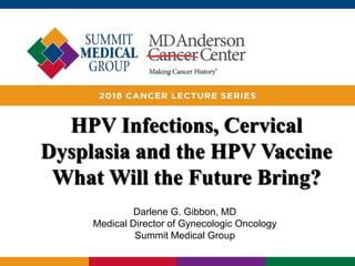 Darlene G. Gibbon, MD
Medical Director of Gynecologic Oncology
Summit Medical Group
HPV Infections, Cervical
Dysplasia and the HPV Vaccine
What Will the Future Bring?
 