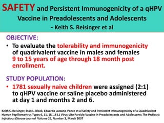 SAFETY and Persistent Immunogenicity of a qHPV
Vaccine in Preadolescents and Adolescents
- Keith S. Reisinger et al
OBJECT...