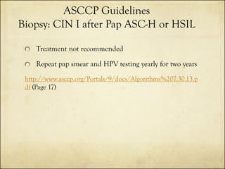 ASCCP Guidelines
Biopsy: CIN I after Pap ASC-H or HSIL
Treatment not recommended

Repeat pap smear and HPV testing yearly for two years
http://www.asccp.org/Portals/9/docs/Algorithms%207.30.13.p
df (Page 17)

 