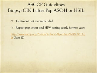 ASCCP Guidelines
Biopsy: CIN I after Pap ASC-H or HSIL
Treatment not recommended

Repeat pap smear and HPV testing yearly ...