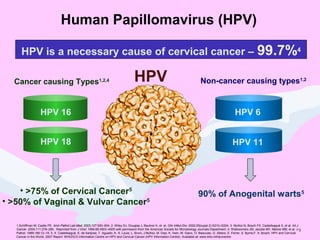 9
HPV 16
HPV 18
HPV 6
HPV 11
Cancer causing Types1,2,4 Non-cancer causing types1,2
• >75% of Cervical Cancer5
• >50% of Vaginal & Vulvar Cancer5
90% of Anogenital warts5
HPV is a necessary cause of cervical cancer – 99.7%4
HPV
1.Schiffman M, Castle PE. Arch Pathol Lab Med. 2003;127:930–934. 2. Wiley DJ, Douglas J, Beutner K, et al. Clin Infect Dis. 2002;35(suppl 2):S210–S224. 3. Muñoz N, Bosch FX, Castellsagué X, et al. Int J
Cancer. 2004;111:278–285. Reprinted from J Virol. 1994;68:4503–4505 with permission from the American Society for Microbiology Journals Department. 4. Walboomers JM, Jacobs MV, Manos MM, et al. J
Pathol. 1999;189:12–19. 5. X. Castellsagué, S. de Sanjose, T. Aguado, K. S. Louie, L. Bruni, J.Muñoz, M. Diaz, K. Irwin, M. Gacic, O. Beauvais, G. Albero, E. Ferrer, S. Byrne,F. X. Bosch. HPV and Cervical
Cancer in the World. 2007 Report. WHO/ICO Information Centre on HPV and Cervical Cancer (HPV Information Centre). Available at: www.who.int/hpvcentre
Human Papillomavirus (HPV)
 