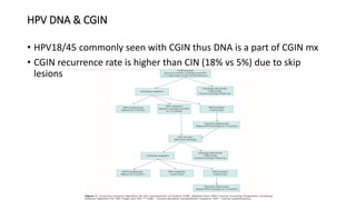 HPV DNA & CGIN
• HPV18/45 commonly seen with CGIN thus DNA is a part of CGIN mx
• CGIN recurrence rate is higher than CIN (18% vs 5%) due to skip
lesions
 