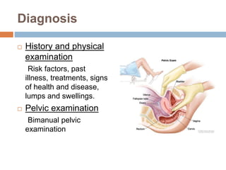 Diagnosis
 History and physical
examination
Risk factors, past
illness, treatments, signs
of health and disease,
lumps and swellings.
 Pelvic examination
Bimanual pelvic
examination
 