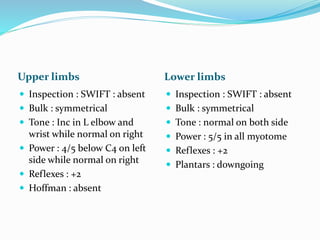 Upper limbs Lower limbs
 Inspection : SWIFT : absent
 Bulk : symmetrical
 Tone : Inc in L elbow and
wrist while normal on right
 Power : 4/5 below C4 on left
side while normal on right
 Reflexes : +2
 Hoffman : absent
 Inspection : SWIFT : absent
 Bulk : symmetrical
 Tone : normal on both side
 Power : 5/5 in all myotome
 Reflexes : +2
 Plantars : downgoing
 