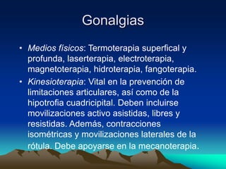 Gonalgias
• Medios físicos: Termoterapia superfical y
profunda, laserterapia, electroterapia,
magnetoterapia, hidroterapia, fangoterapia.
• Kinesioterapia: Vital en la prevención de
limitaciones articulares, así como de la
hipotrofia cuadricipital. Deben incluirse
movilizaciones activo asistidas, libres y
resistidas. Además, contracciones
isométricas y movilizaciones laterales de la
rótula. Debe apoyarse en la mecanoterapia.
 