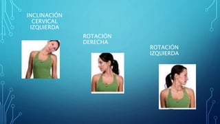 INCLINACIÓN
CERVICAL
IZQUIERDA
ROTACIÓN
DERECHA
ROTACIÓN
IZQUIERDA
 