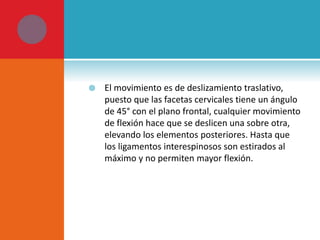  El movimiento es de deslizamiento traslativo, 
puesto que las facetas cervicales tiene un ángulo 
de 45° con el plano frontal, cualquier movimiento 
de flexión hace que se deslicen una sobre otra, 
elevando los elementos posteriores. Hasta que 
los ligamentos interespinosos son estirados al 
máximo y no permiten mayor flexión. 
 