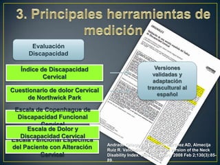 Evaluación
Discapacidad
Índice de Discapacidad
Cervical

Cuestionario de dolor Cervical
de Northwick Park
Escala de Copenhague de
Discapacidad Funcional
Cervical
Escala de Dolor y
Discapacidad Cervical
Escala Funcional Específica
del Paciente con Alteración
Cervical

Versiones
validadas y
adaptación
transcultural al
español

Andrade Ortega JA, Delgado Martinez AD, Almecija
Ruiz R. Validation of a Spanish version of the Neck
Disability Index. Med Clin (Barc) 2008 Feb 2;130(3):8589.

 