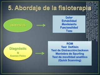 Childs JD, Cleland JA, Elliott JM, Teyhen DS, Wainner
RS, Whitman JM, et al. Neck pain: Clinical practice
guidelines linked to the International Classification of
Functioning, Disability, and Health from the Orthopedic
Section of the American Physical Therapy Association. J
Orthop Sports Phys Ther 2008 Sep;38(9):A1-A34

OBJETIVOS

Examen Físico

ROM
Test DeKlein
Test de Distracción/Jackson
Maniobra de Spurling
Test de movilidad analítico
(Quick Scanning)

Diagnóstic
o

Dolor
Estabilidad
Movimiento
Funcionalidad
Tono

 
