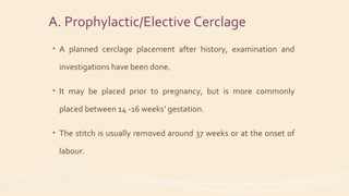 A. Prophylactic/Elective Cerclage
• A planned cerclage placement after history, examination and
investigations have been done.
• It may be placed prior to pregnancy, but is more commonly
placed between 14 -16 weeks’ gestation.
• The stitch is usually removed around 37 weeks or at the onset of
labour.
 