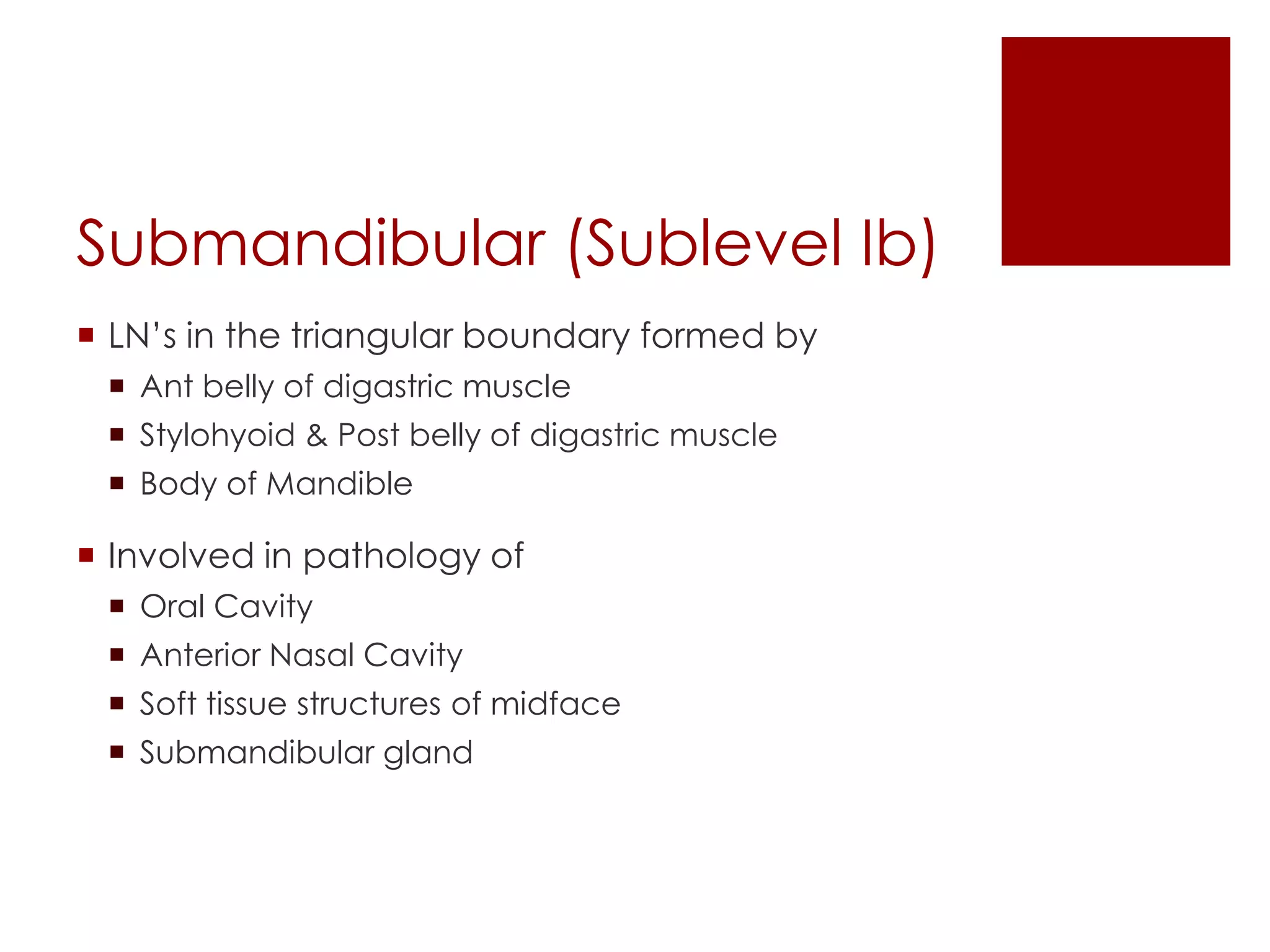 Submandibular (Sublevel Ib)
 LN’s in the triangular boundary formed by
 Ant belly of digastric muscle
 Stylohyoid & Post belly of digastric muscle
 Body of Mandible
 Involved in pathology of
 Oral Cavity
 Anterior Nasal Cavity
 Soft tissue structures of midface
 Submandibular gland
 